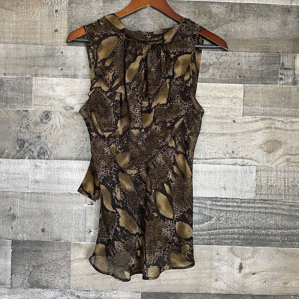 Adrienne Vittadini Studio Sleeveless Top Womens 10 Tie Back Brown Snake Ruffled